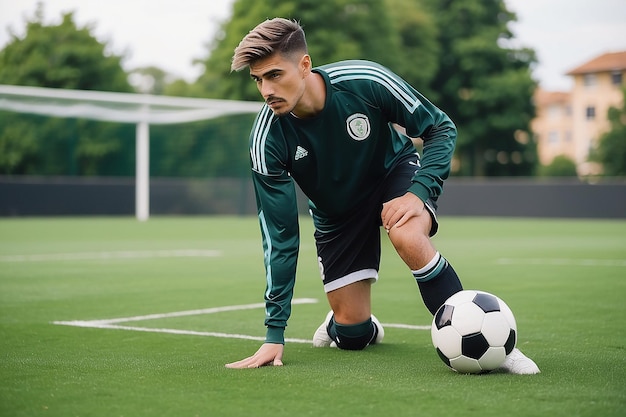 Male soccer player with ball on the grass field