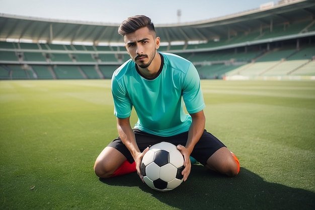 Male soccer player with ball on the grass field