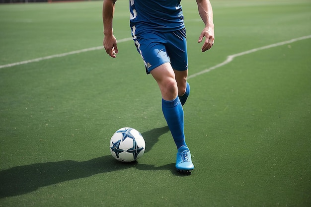 Male soccer player with ball on the grass field