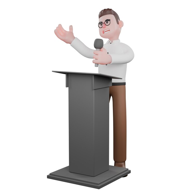 Photo a male sociologist is standing behind a podium table while holding a mic cartoon illustration