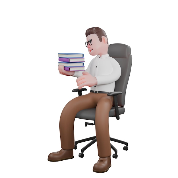 A male sociologist sits on a chair holding a stack of books in his right hand