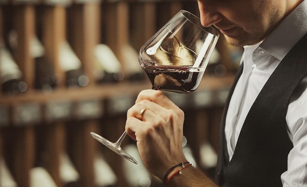 Foto sommelier maschio che degusta vino rosso in cantina