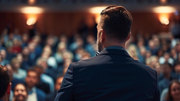 Photo male speaker commanding a university hall presentation