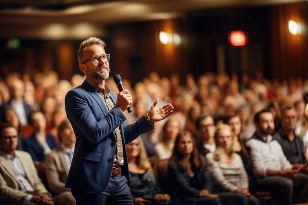 Foto oratore maschio con un microfono che trasmette conoscenza al pubblico nell'auditorium presentatore maschio che parla al pubblico in un seminario nella sala conferenze