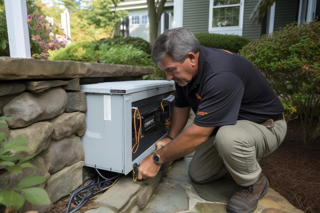 Male specialist performs maintenance of covertly installed compressor in the courtyard of the house