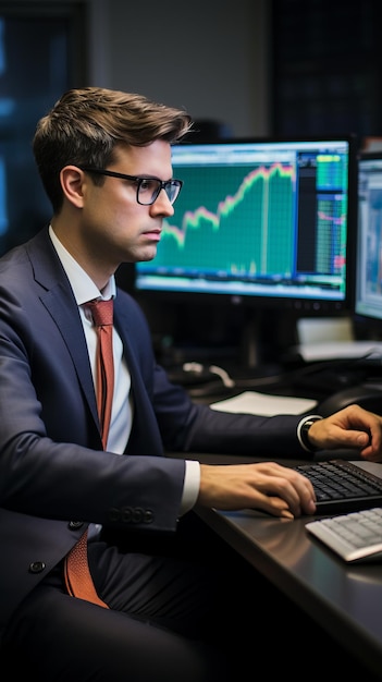 Male stock trader analyzing financial data on multiple computer monitors