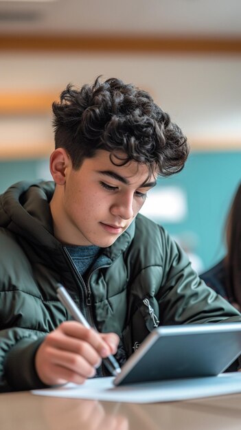 Photo male student deep in thought while reading from tablet