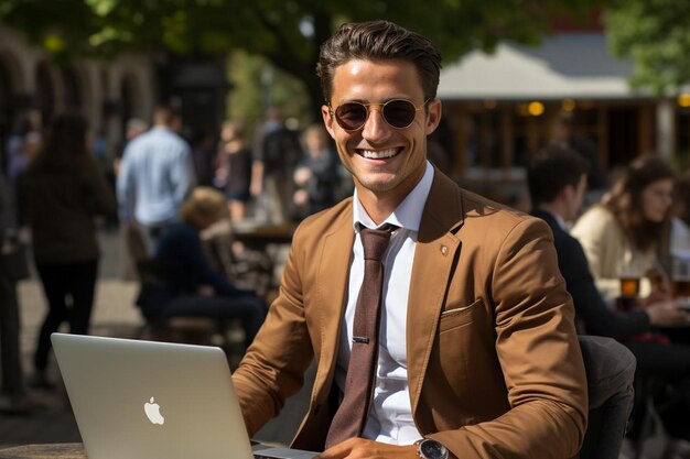 Male student posing with a laptop outdoors