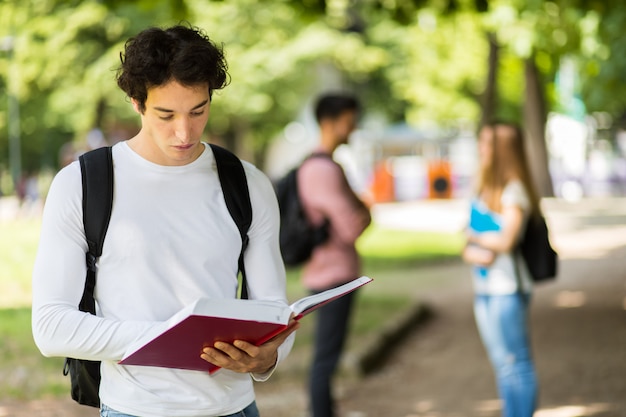 Male student reading a book in a college courtyard with his friends in tha background