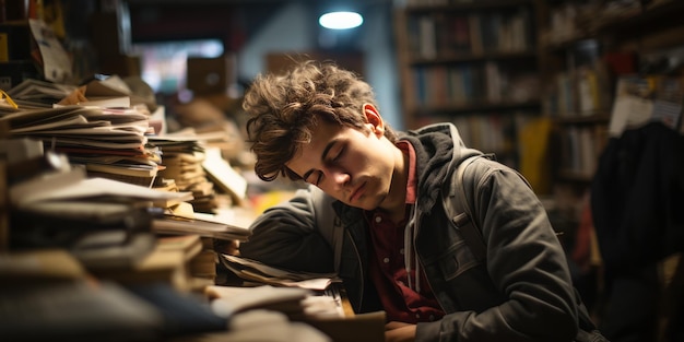 Male student who is overly worn out is sleeping on a stack of textbooks in his room