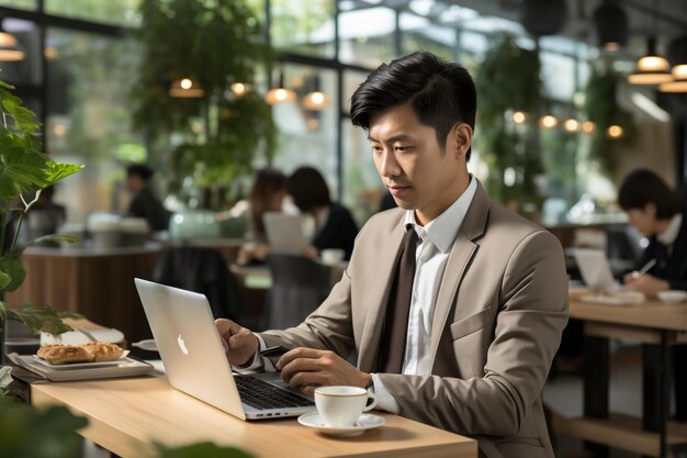 Male student with laptop and coffee in a modern workspace