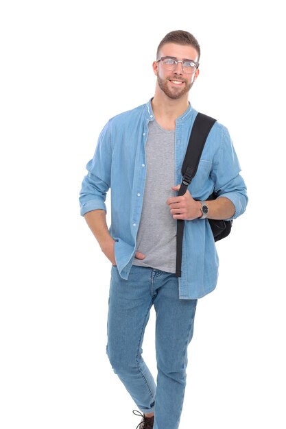 A male student with a school bag holding books isolated on white background Education opportunities College student