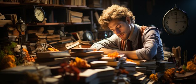 Male student working all day in a room sleeping on a stack of books Man sleeping during class after being awake all night