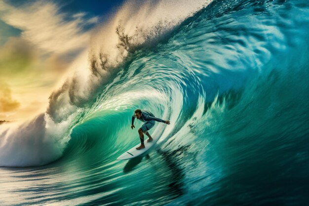 Male surfer on a blue wave at sunny day photography