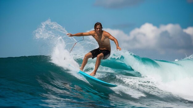 Male surfer on a blue wave at sunny day