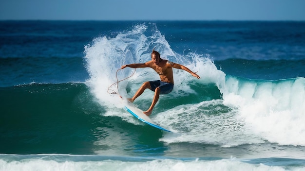 Male surfer on a blue wave at sunny day