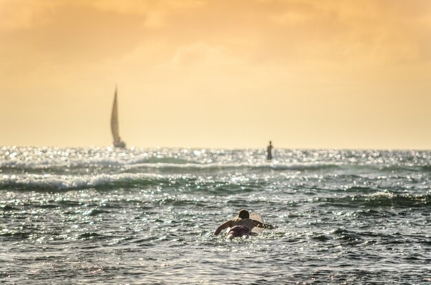 Male surfer paddling out at sunset in Hawaii with sailboats in the background