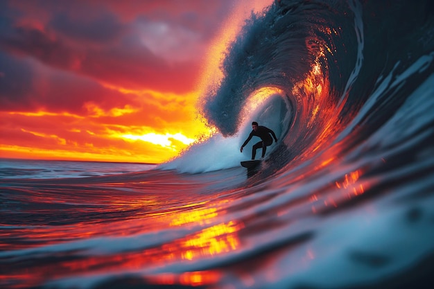 Foto surfista maschio che fa surf sulle onde dell'oceano al tramonto in estate