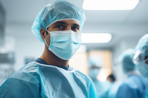 Мужчина-хирург в медицинской маске и шляпе в операционной