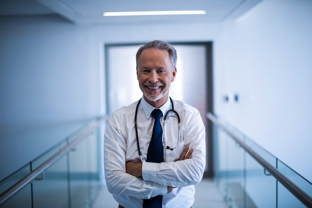 Male surgeon standing with arms crossed in operation room