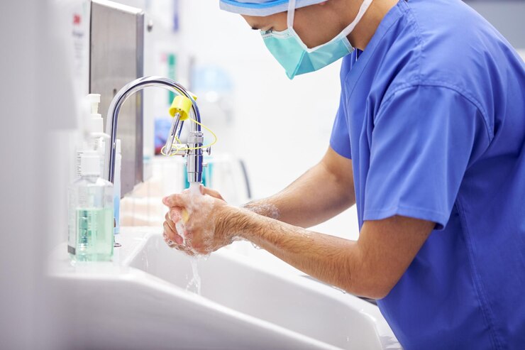 Photo male surgeon wearing scrubs washing hands before operation in hospital operating theater