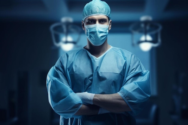 a male surgeon with a surgical mask on his face.