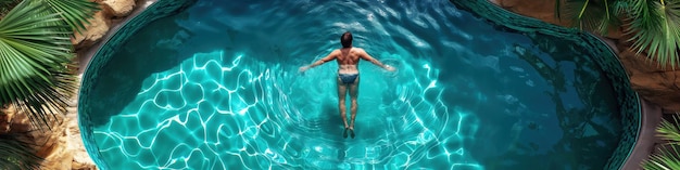 male swimming in tropical pool in summer Aerial top view above drone