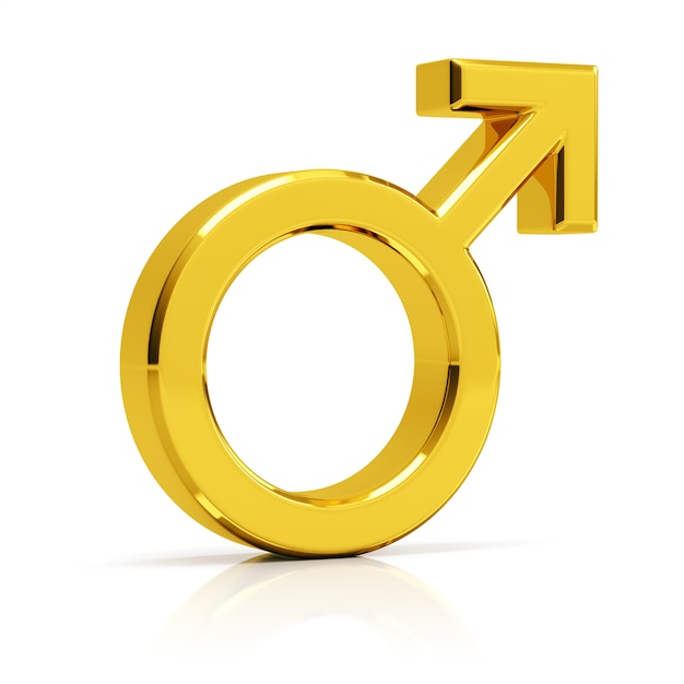 Male symbol 3d render. Golden male symbol isolated on white background.