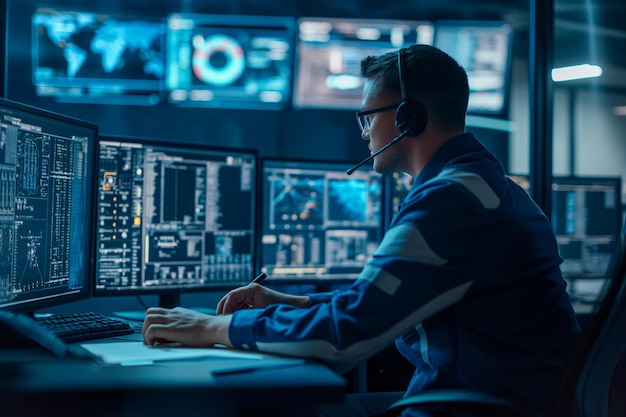 Male system security specialist working at system control center