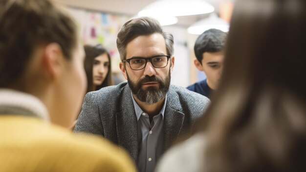 A male teacher or educator engaging with students in a classroom Generative AI