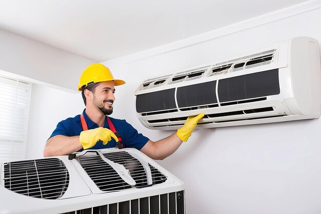 Male technician cleaning air conditioner