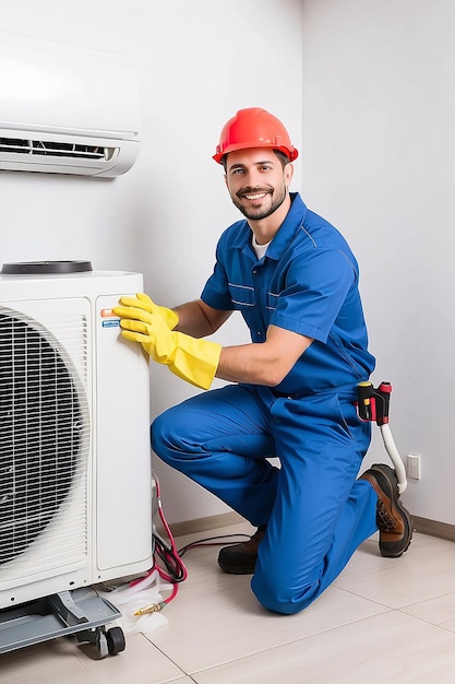 Male technician cleaning air conditioner