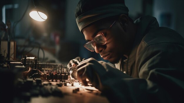 Техник-мужчина ремонтирует электронную плату паяльником