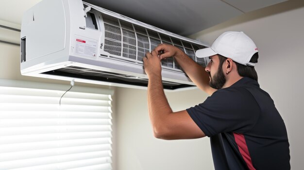 Male technician repairs an air conditioner indoors