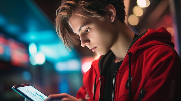 A male teenager in a red jacket looking at a cell phone