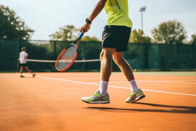 Foto giocatore di tennis che tiene la racchetta su un campo di argilla