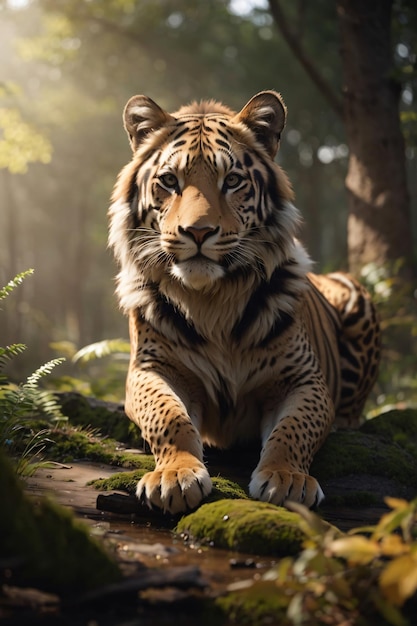 Мужской тигр в естественной среде обитания, ходящий головой по сцене дикой природы