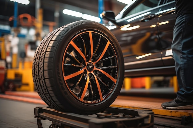 남성 타이어 교체자 서비스 센터 또는 자동차 수리점에서 교체하기 위해 재고에 있는 새로운 타이어의 상태를 확인하는 자동차 산업의 타이어 창고