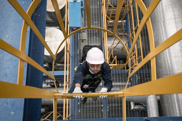 Photo male top view climb the stairway scaffolding inspection pipeline