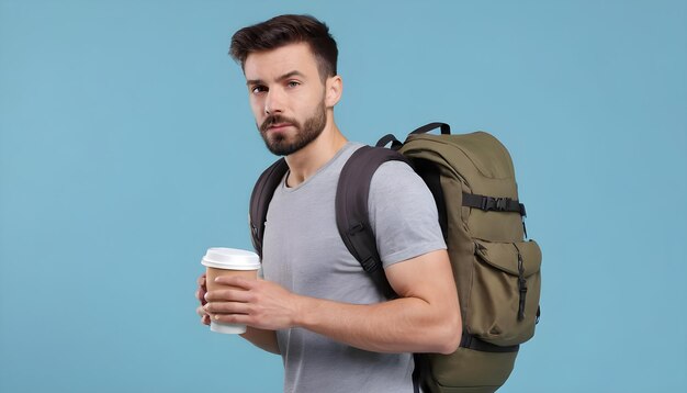 Photo male tourist carries backpack on blue background