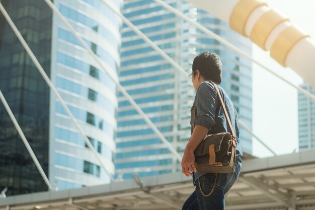 Male tourist in city.