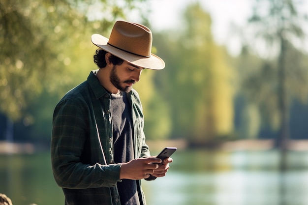 Турист-мужчина смотрит на карту на смартфоне на берегу озера в дневное время