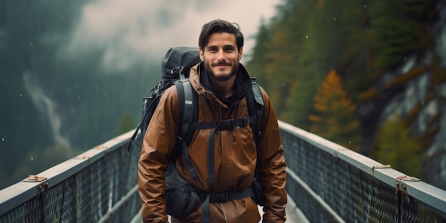 A male tourist stands on a mountain bridge in the Alps Generative AI