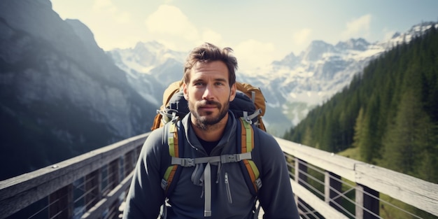 Турист-мужчина стоит на горном мосту в Альпах