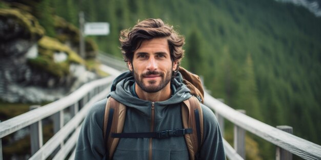 Photo a male tourist stands on a mountain bridge in the alps generative ai