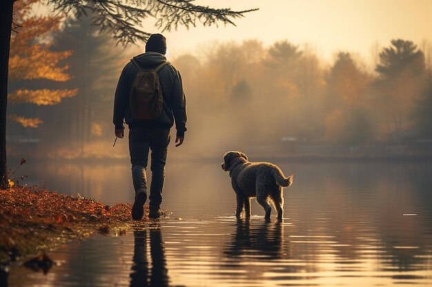 昼間に湖畔を犬と散歩する男性観光客