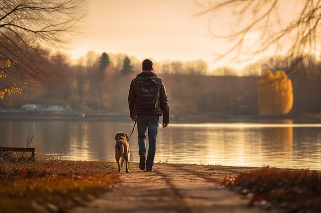 Male tourist walks with dog at lakeside in the daytime