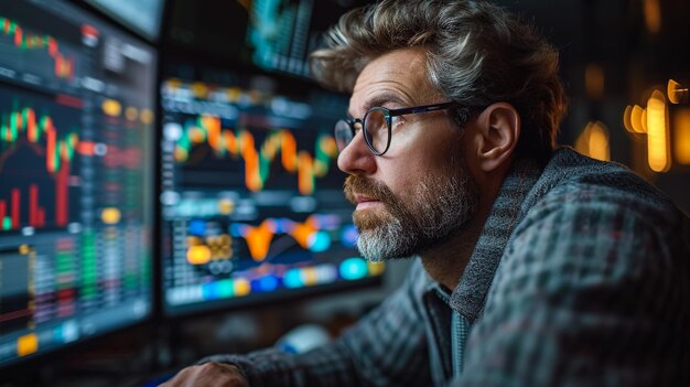 Photo male trader holding coffee cup while analyzing stock market data on multiple computers at night office