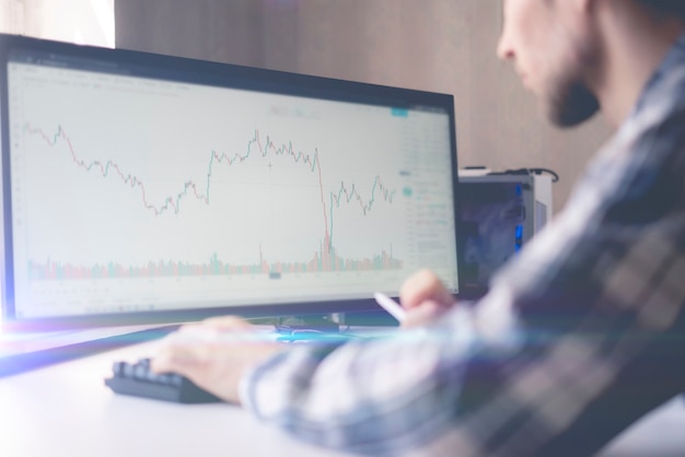 自宅の大きなコンピューター画面で株価グラフを見ている男性トレーダー、チャート分析