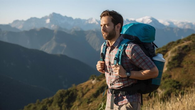 バックパックに必需品を持って山をハイキングしている男性旅行者